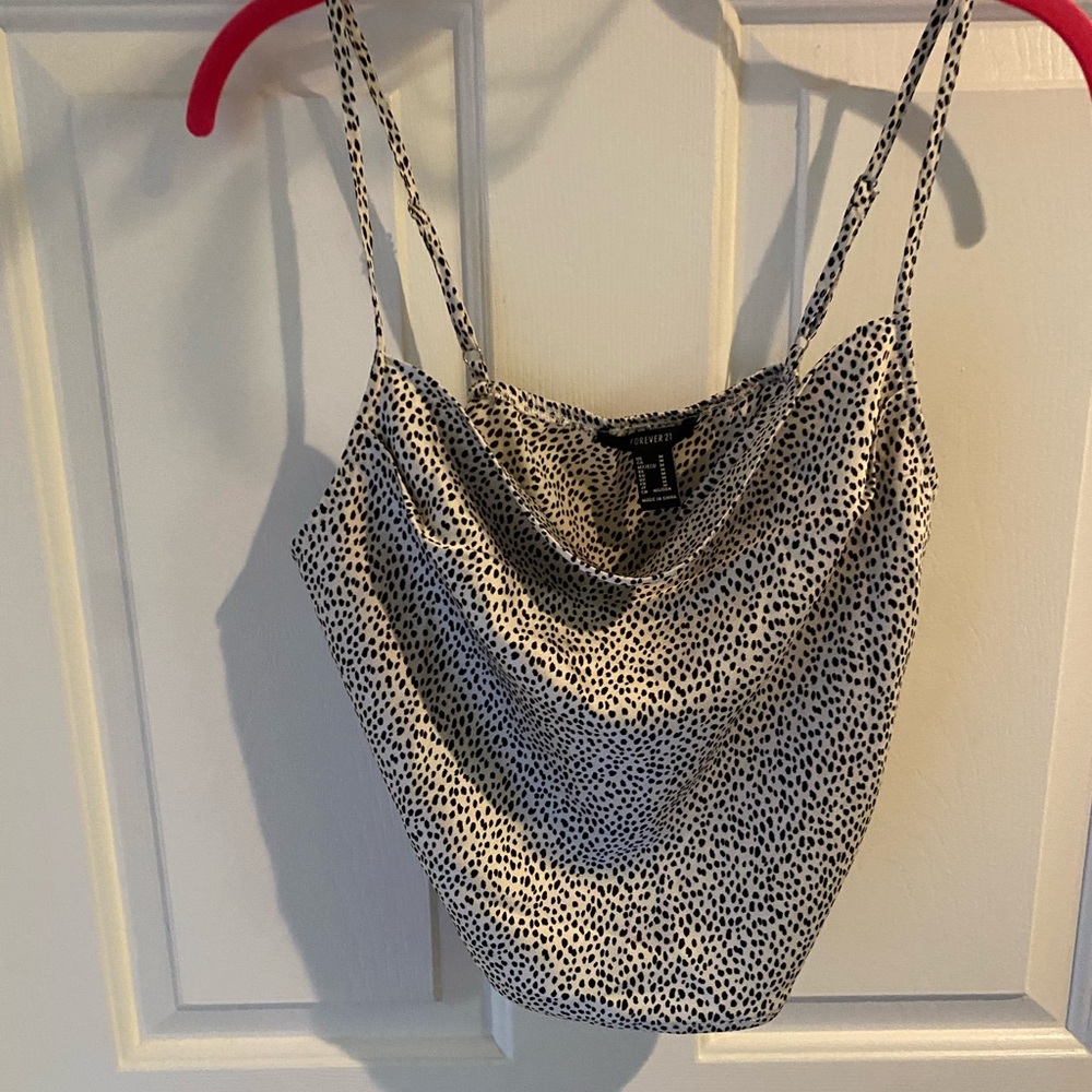 Forever 21 pearlescent white and black polka dot Crop top